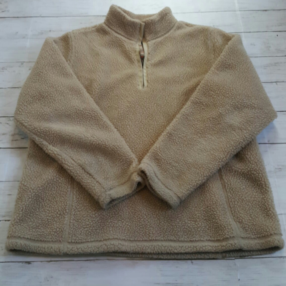 Lands end teddy fleece quarter zip pullover tan kids medium cotton lined